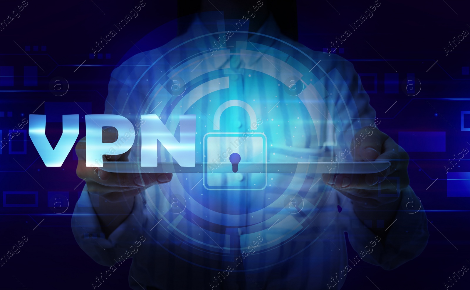 Image of Woman holding tablet computer with switched on VPN, closeup