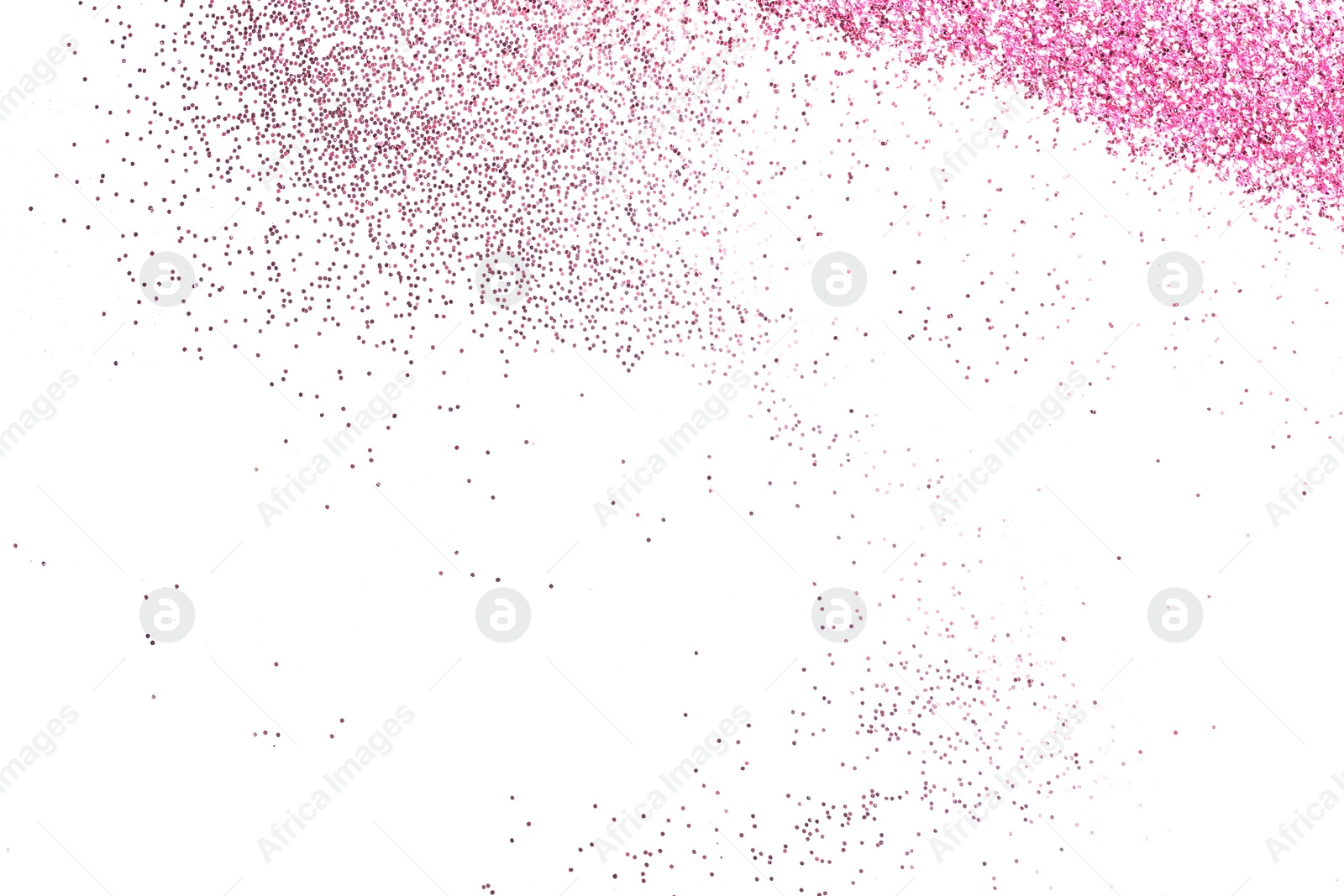 Photo of Pink glitter on white background, top view