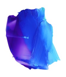 Photo of Light blue and purple paint samples on white background, top view
