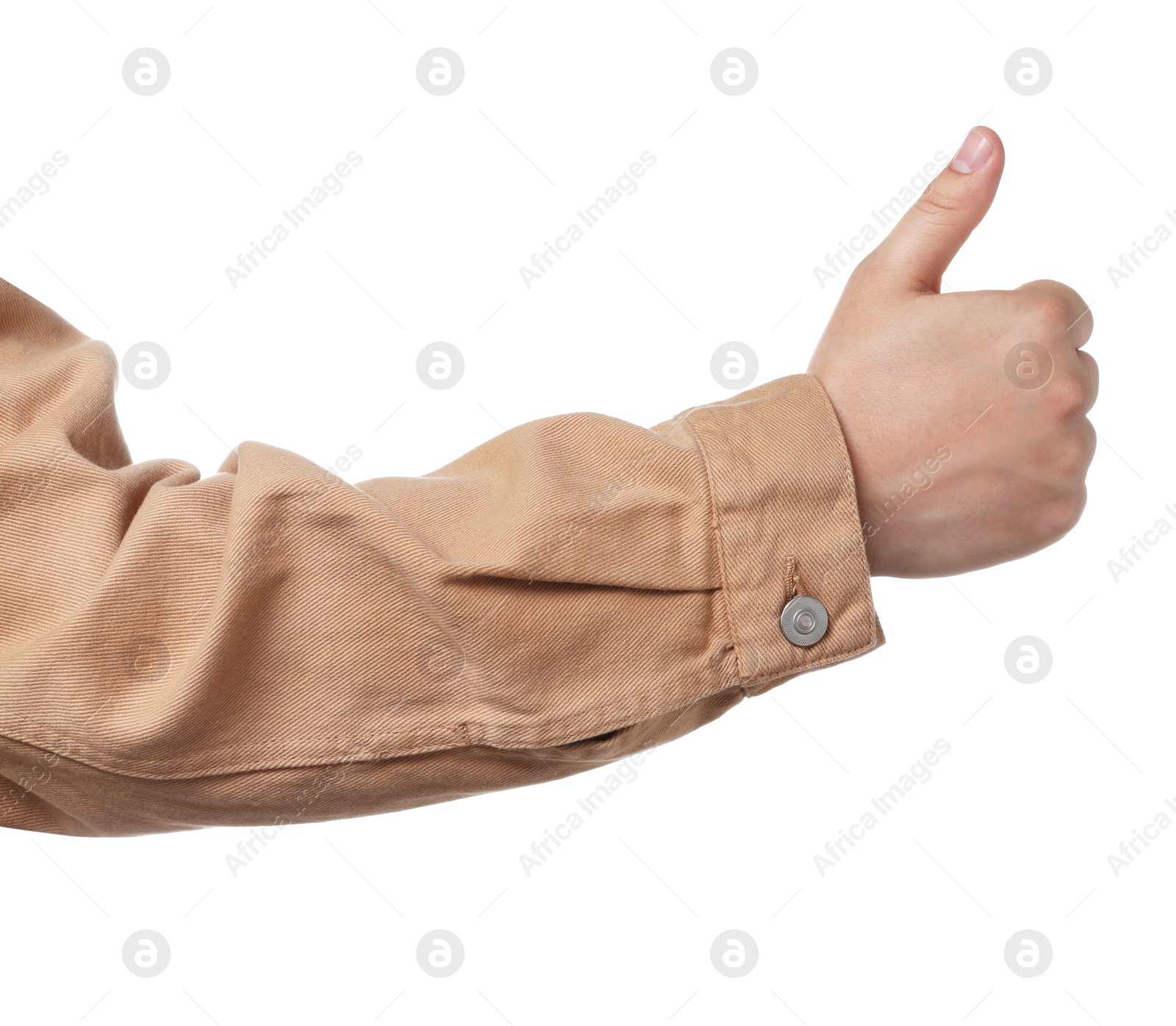 Photo of Man showing thumb up on white background, closeup of hand. Hitchhiking gesture