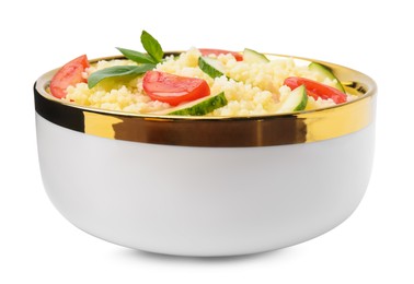 Photo of Bowl of tasty couscous with tomatoes, cucumber and basil on white background