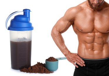 Bodybuilding. Man with muscular torso, protein powder and shaker isolated on white