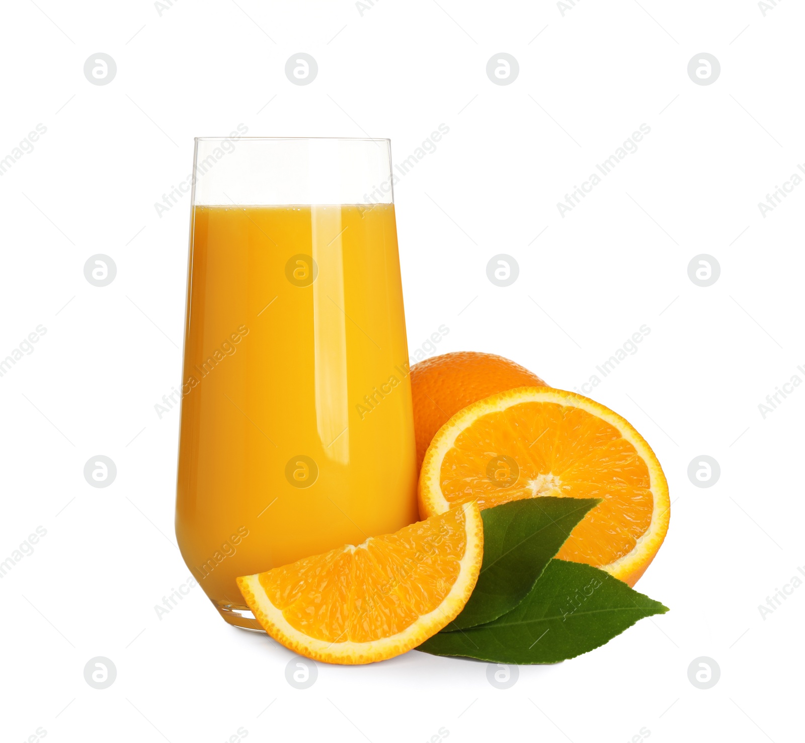 Photo of Tasty orange juice, fresh fruits and green leaves isolated on white