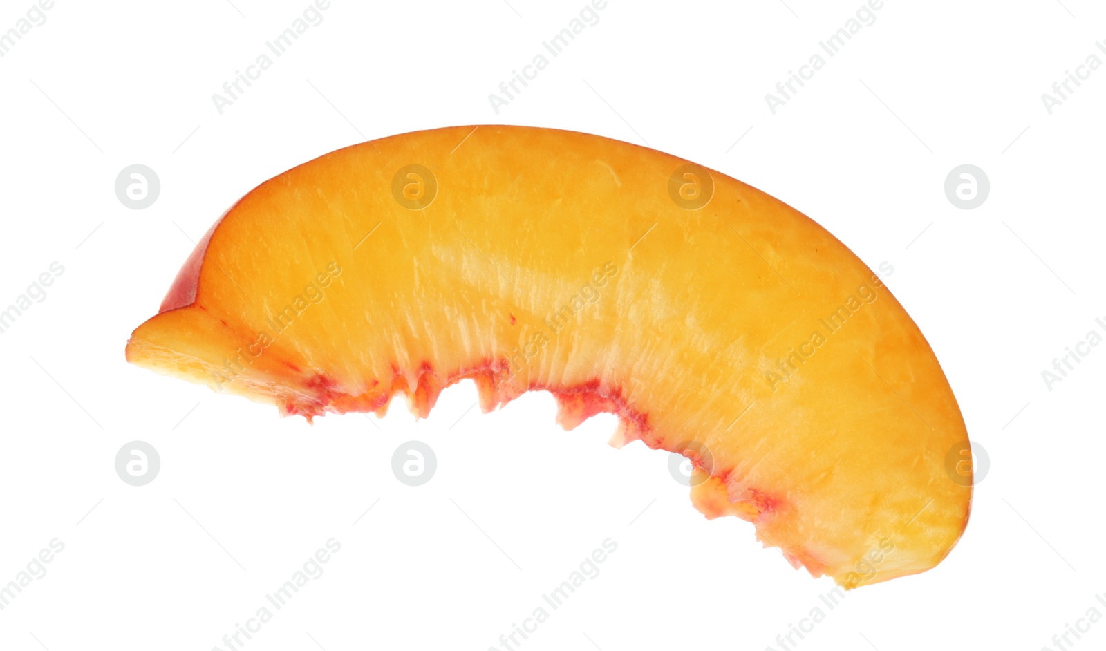 Photo of Slice of juicy peach on white background