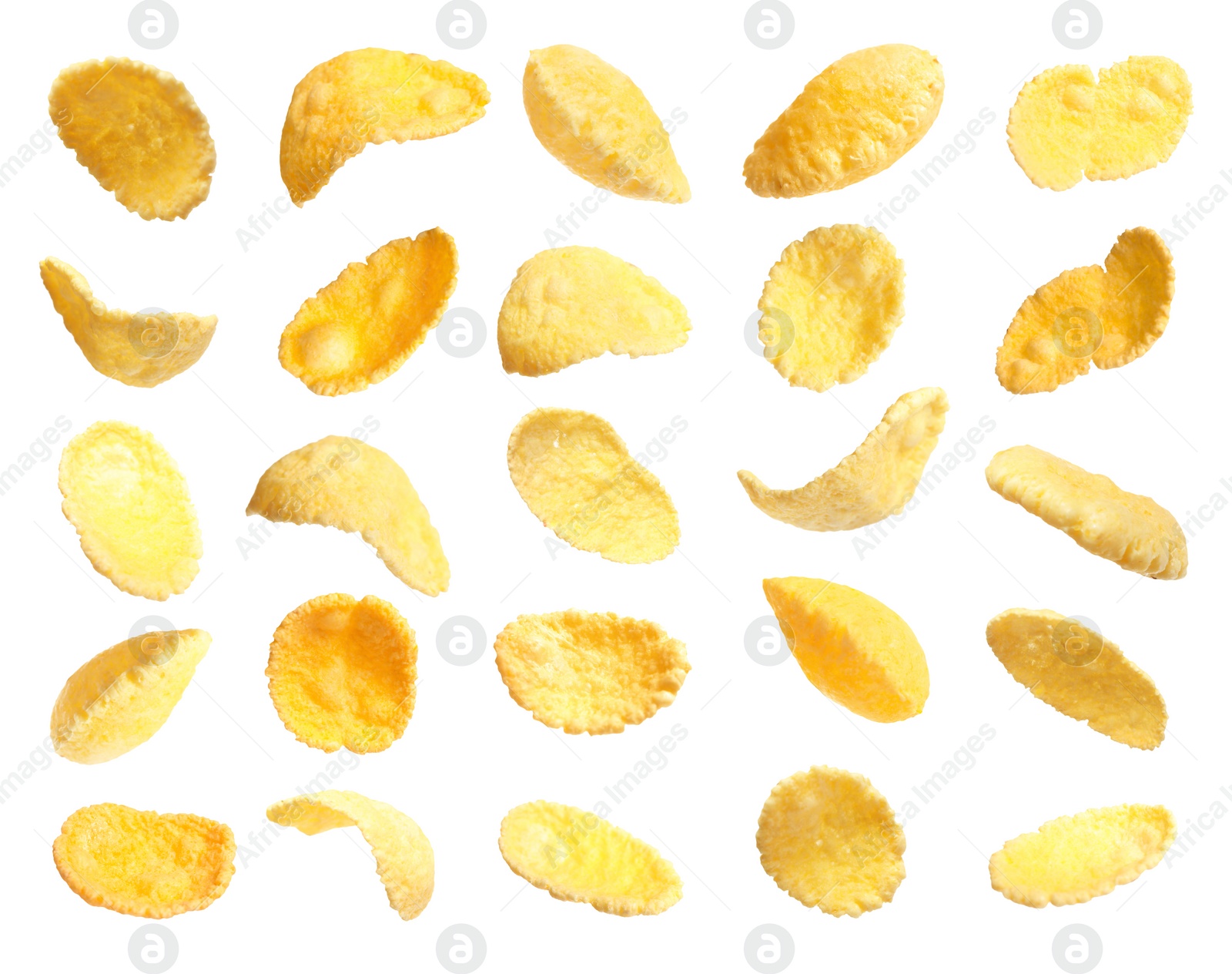 Image of Set of tasty crispy corn flakes on white background