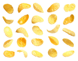 Image of Set of tasty crispy corn flakes on white background