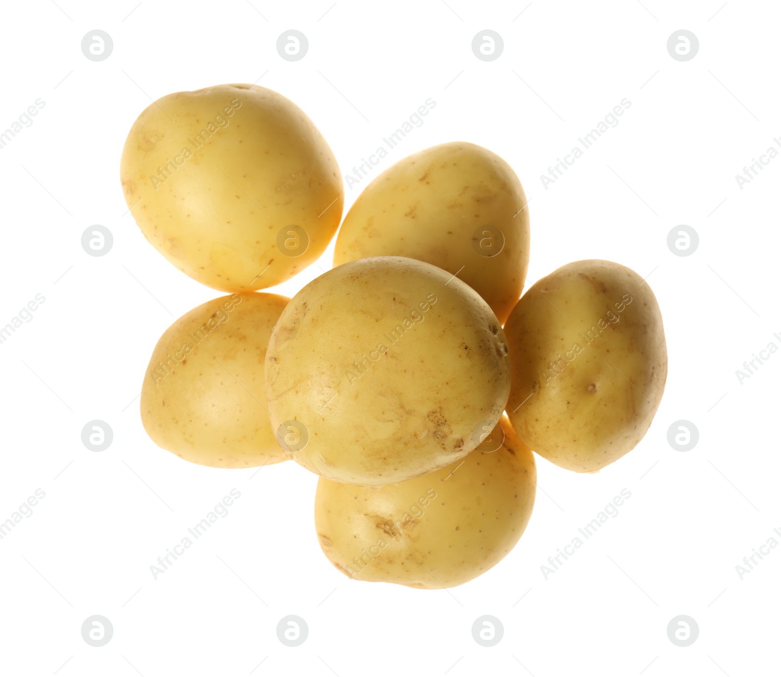 Photo of Fresh raw organic potatoes on white background, top view