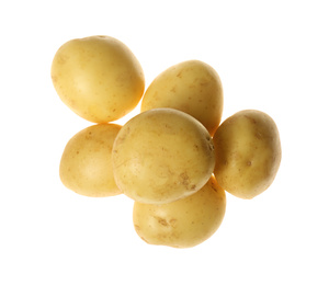 Photo of Fresh raw organic potatoes on white background, top view