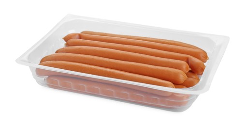 Plastic container with sausages isolated on white. Meat product