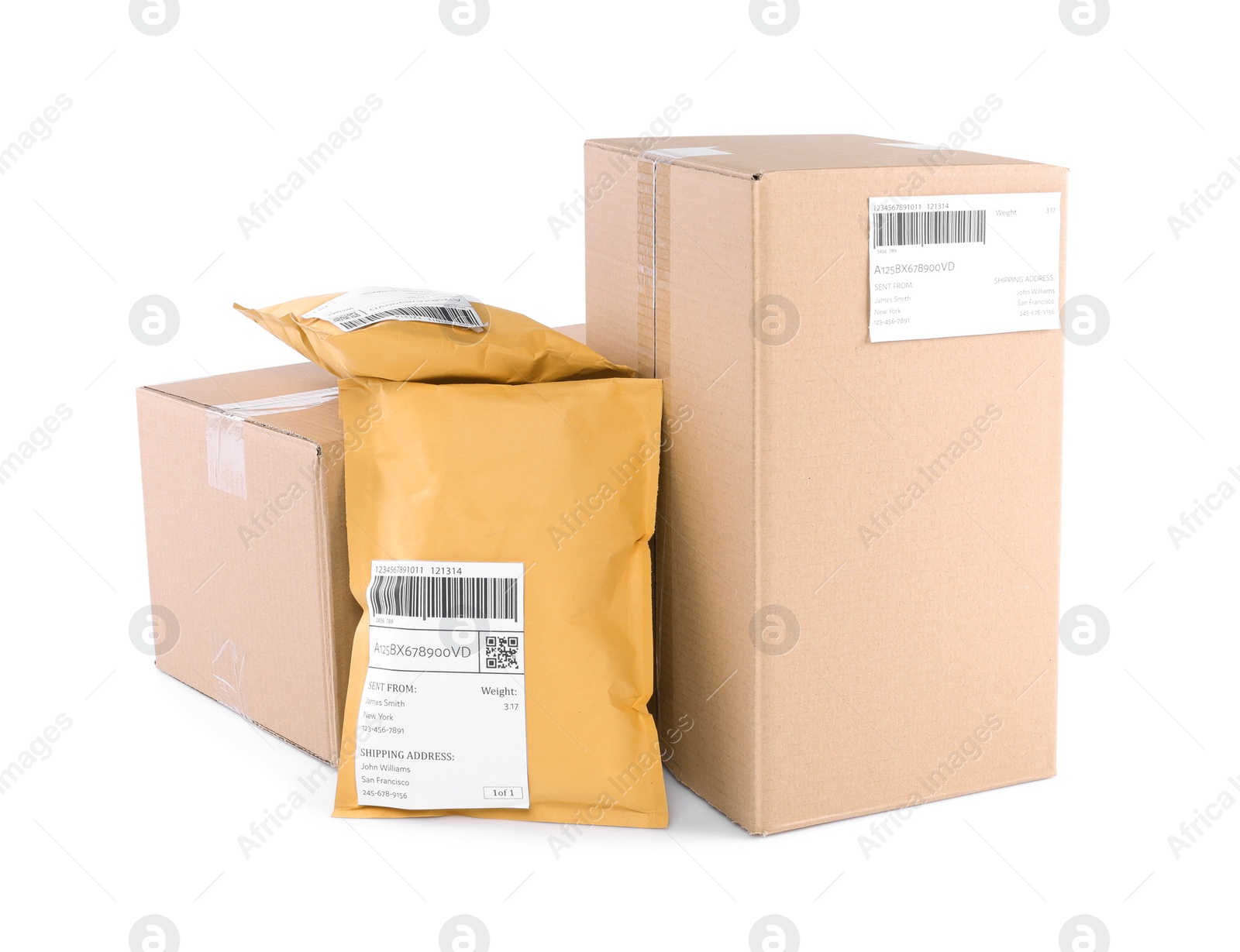 Photo of Padded envelopes and cardboard parcels on white background