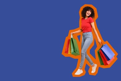 Image of Happy woman with shopping bags on blue background, space for text