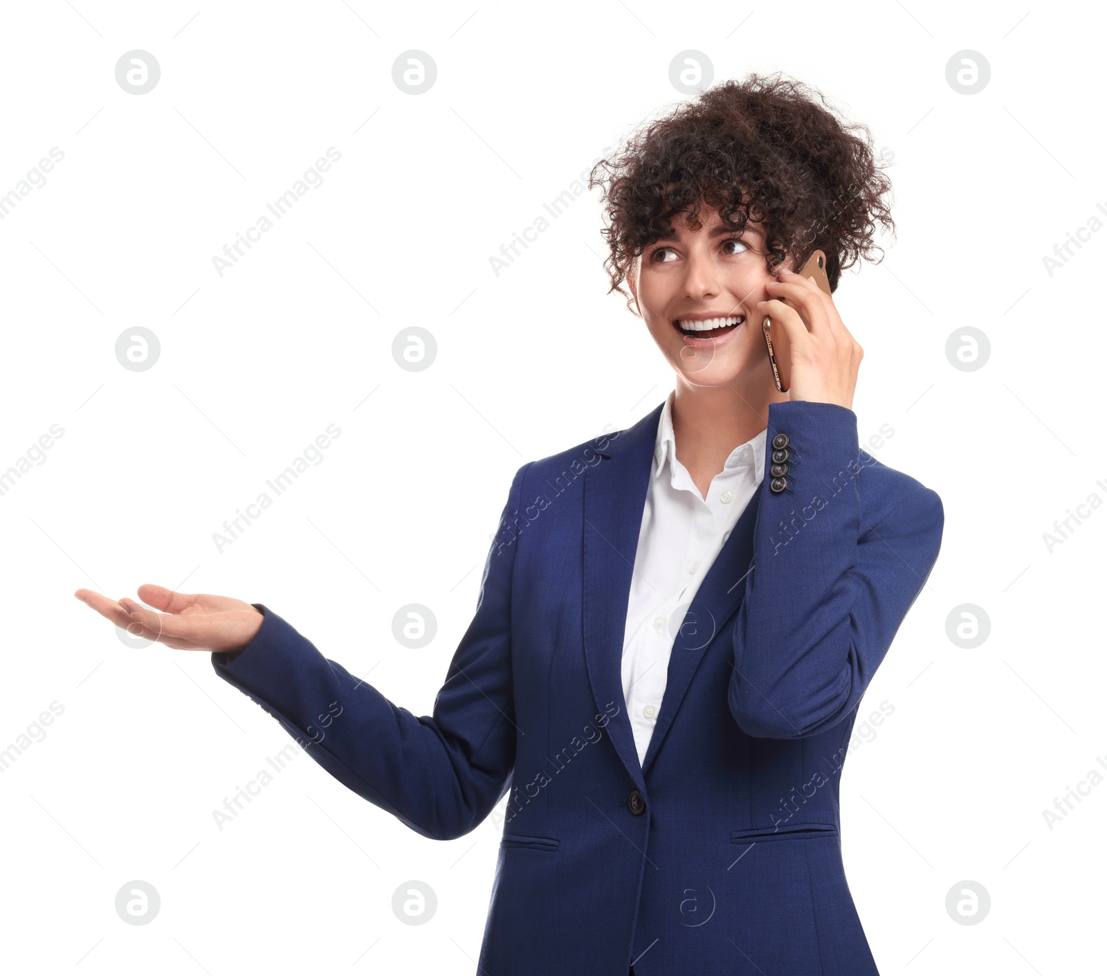 Photo of Beautiful businesswoman in suit talking on smartphone against white background