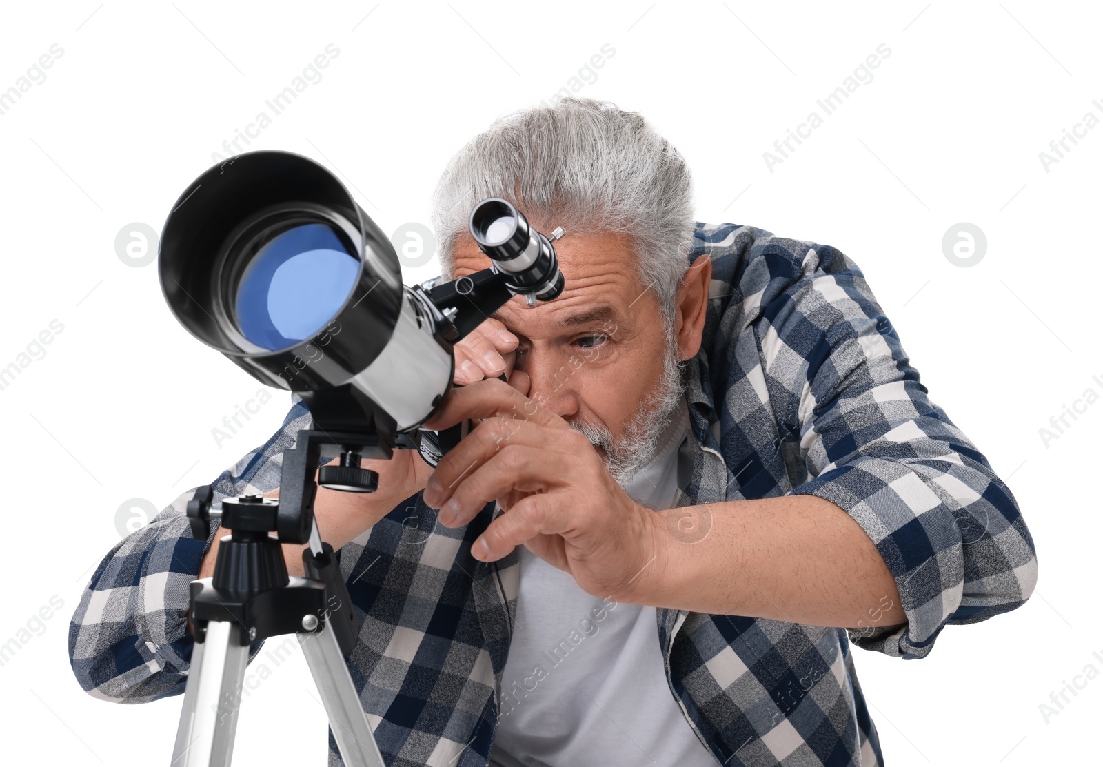 Photo of Senior astronomer looking at stars through telescope on white background