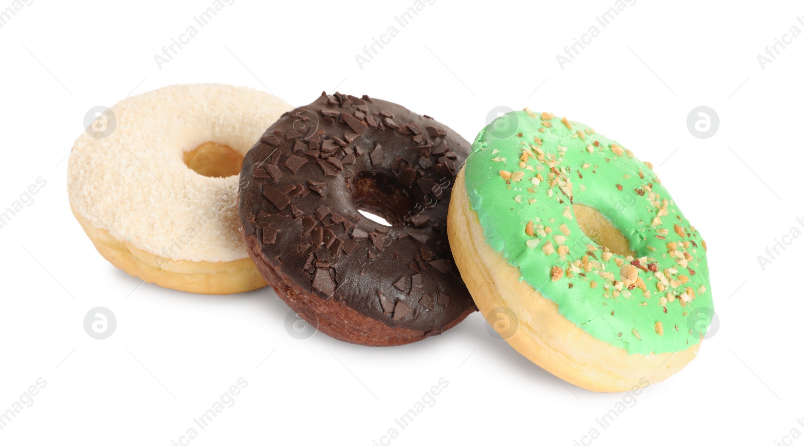 Photo of Sweet tasty glazed donuts on white background