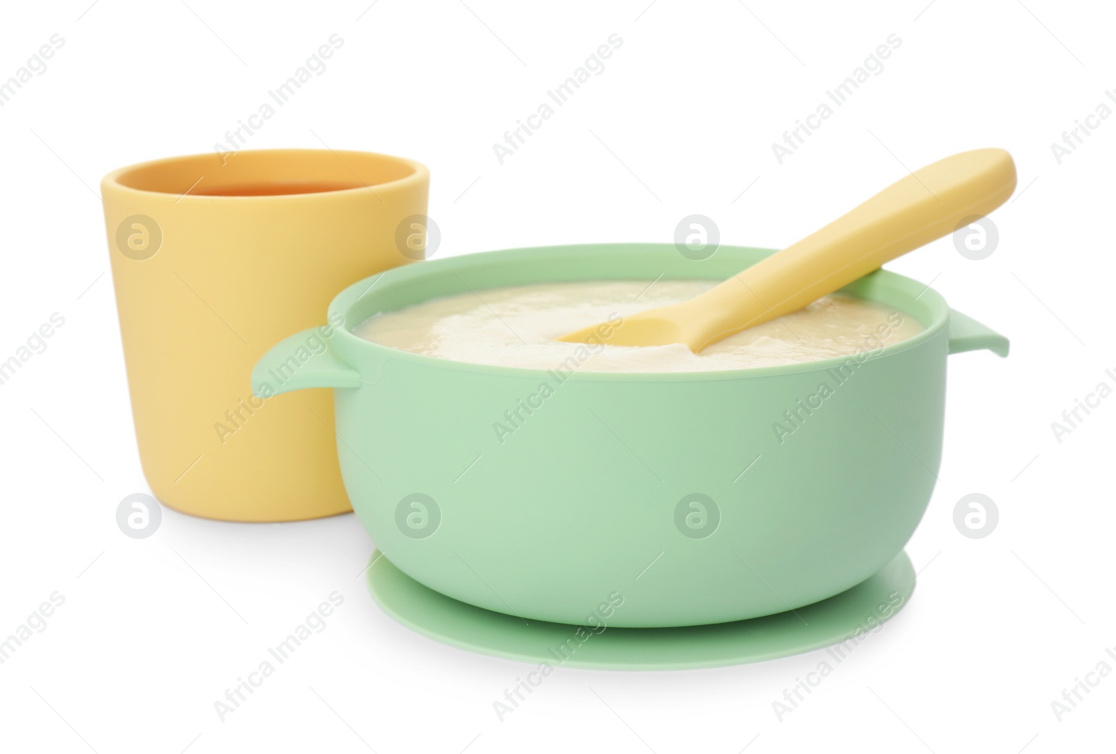 Photo of Healthy baby food in bowl and drink on white background