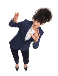 Beautiful businesswoman in suit on white background, above view