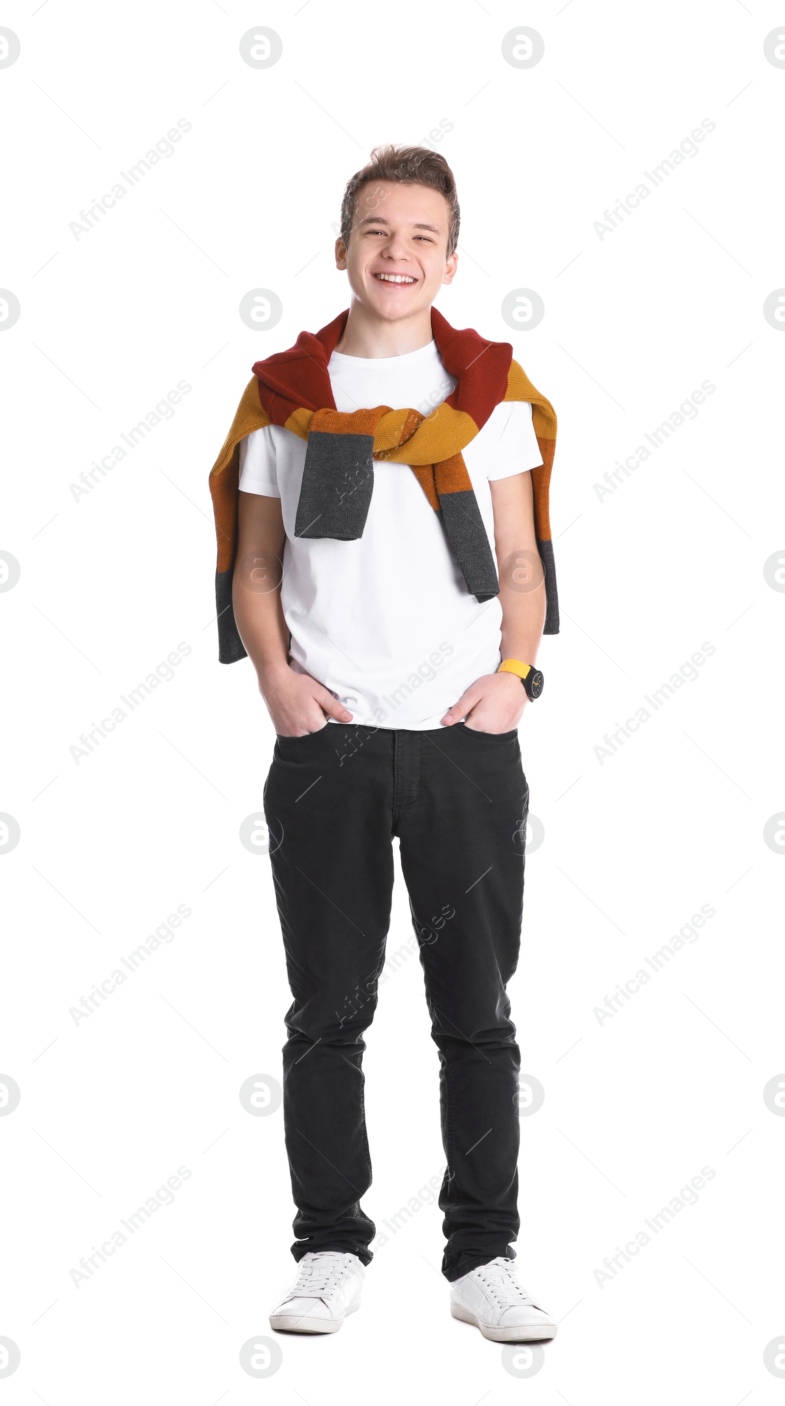 Photo of Portrait of handsome teenage boy on white background