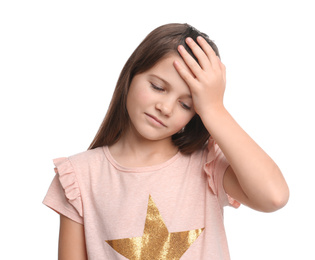 Portrait of emotional preteen girl on white background