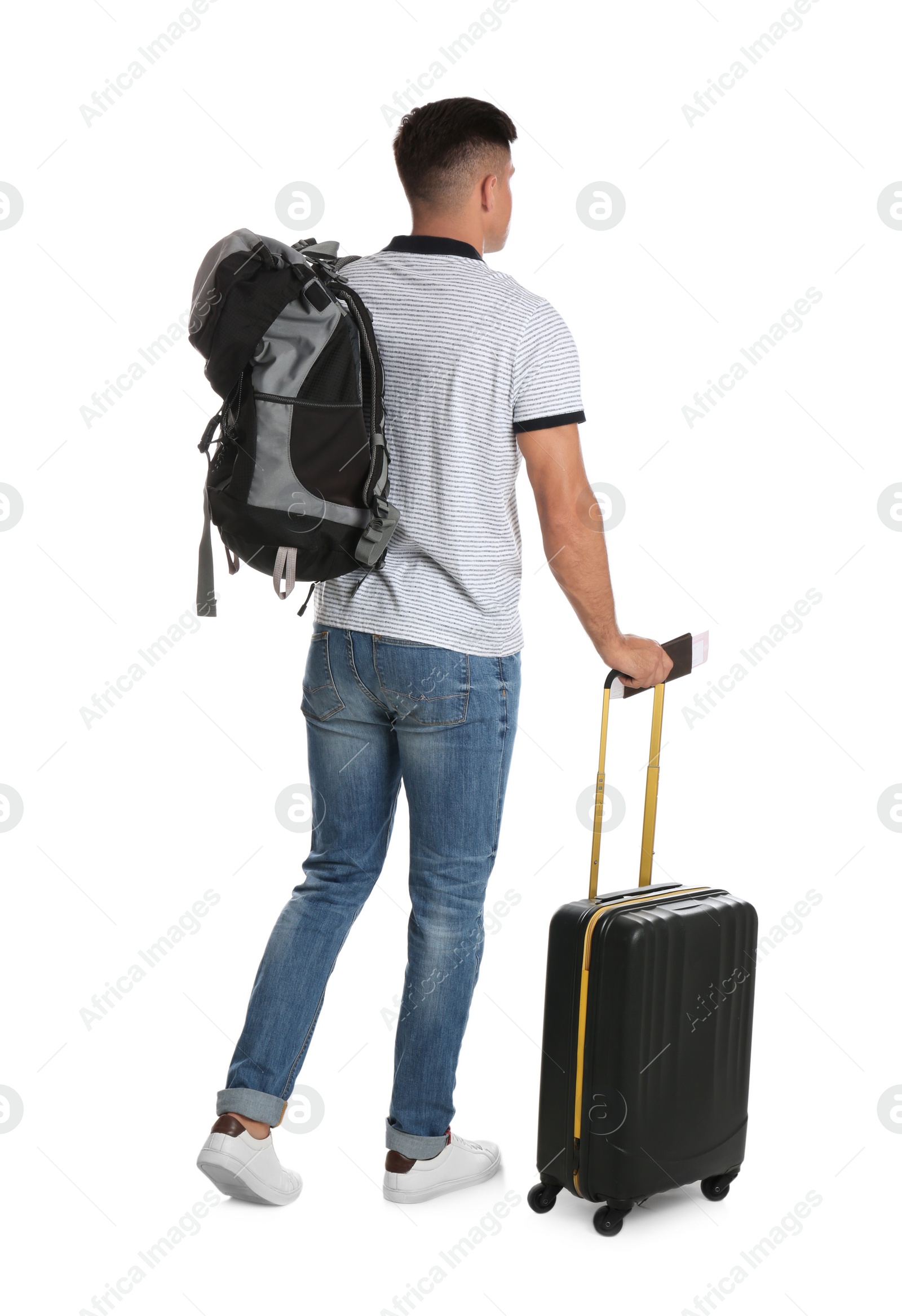 Photo of Man with suitcase and backpack for vacation trip on white background. Summer travelling