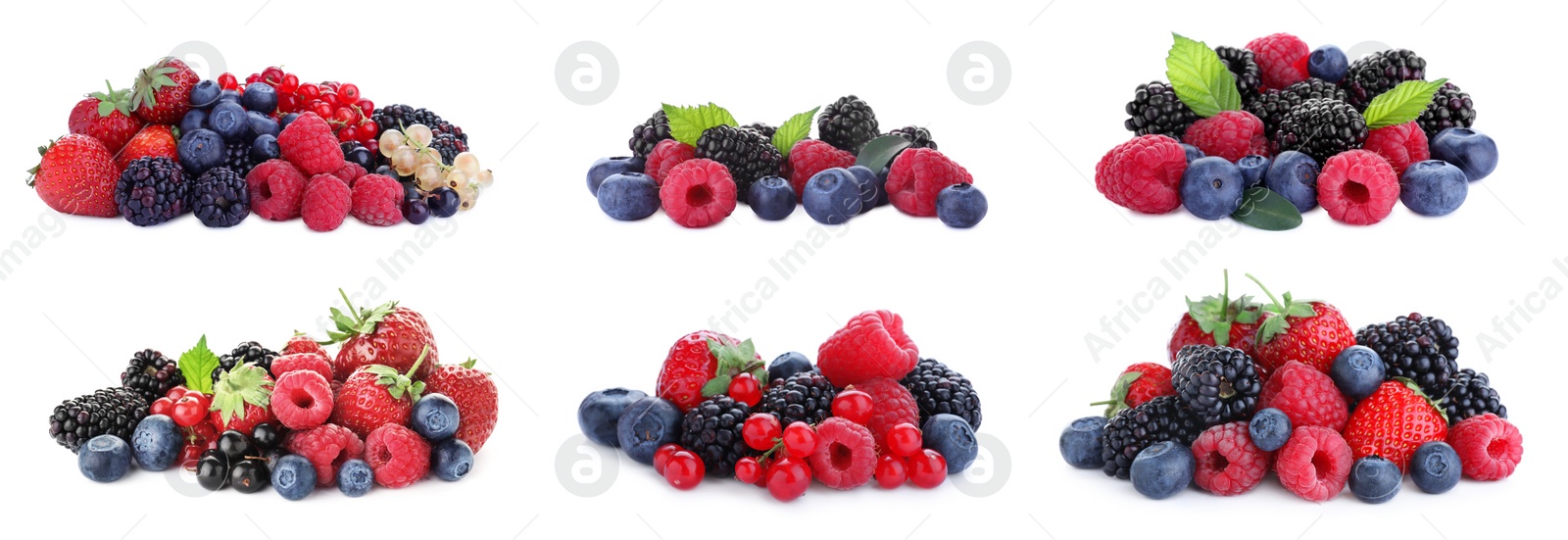 Image of Set of different mixed berries on white background, banner design 