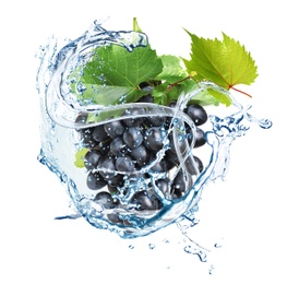 Image of Grape cluster with water splash on white background