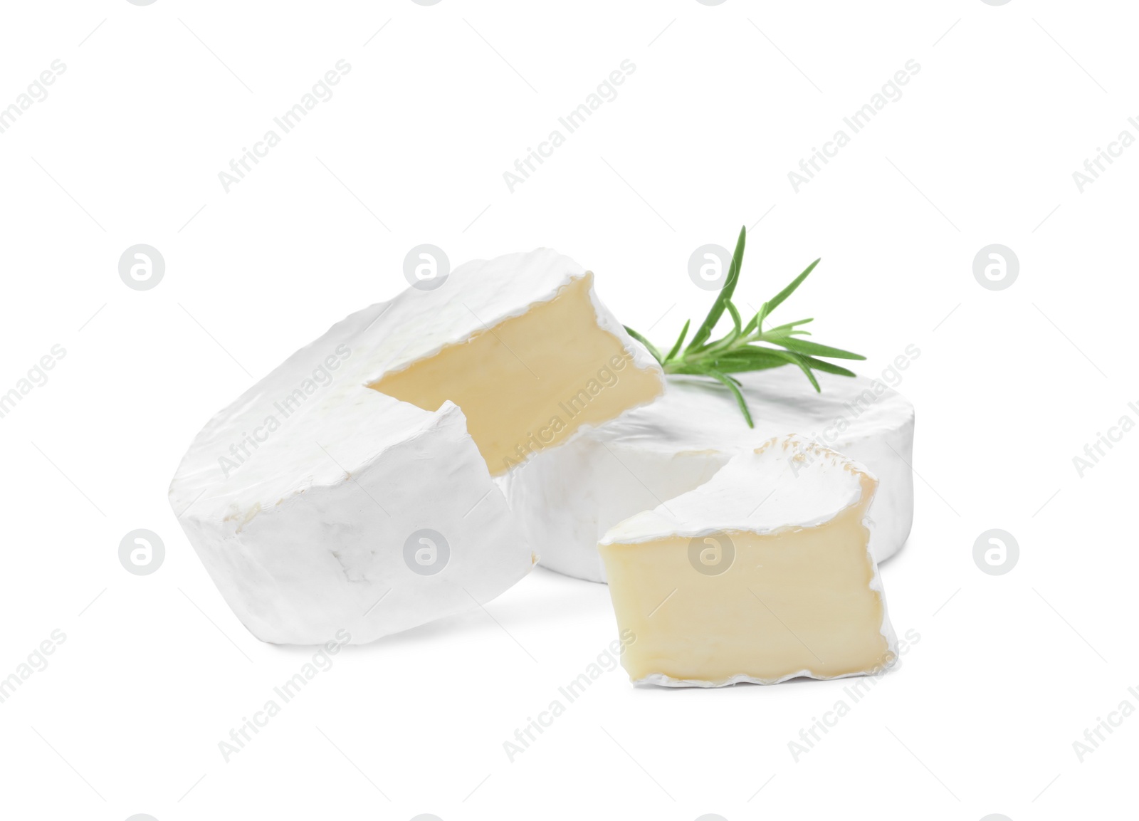 Photo of Tasty cut and whole brie cheeses with rosemary on white background