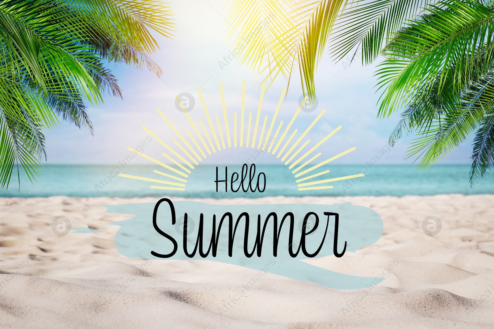 Image of Hello Summer. Sandy beach with palms near ocean on sunny day