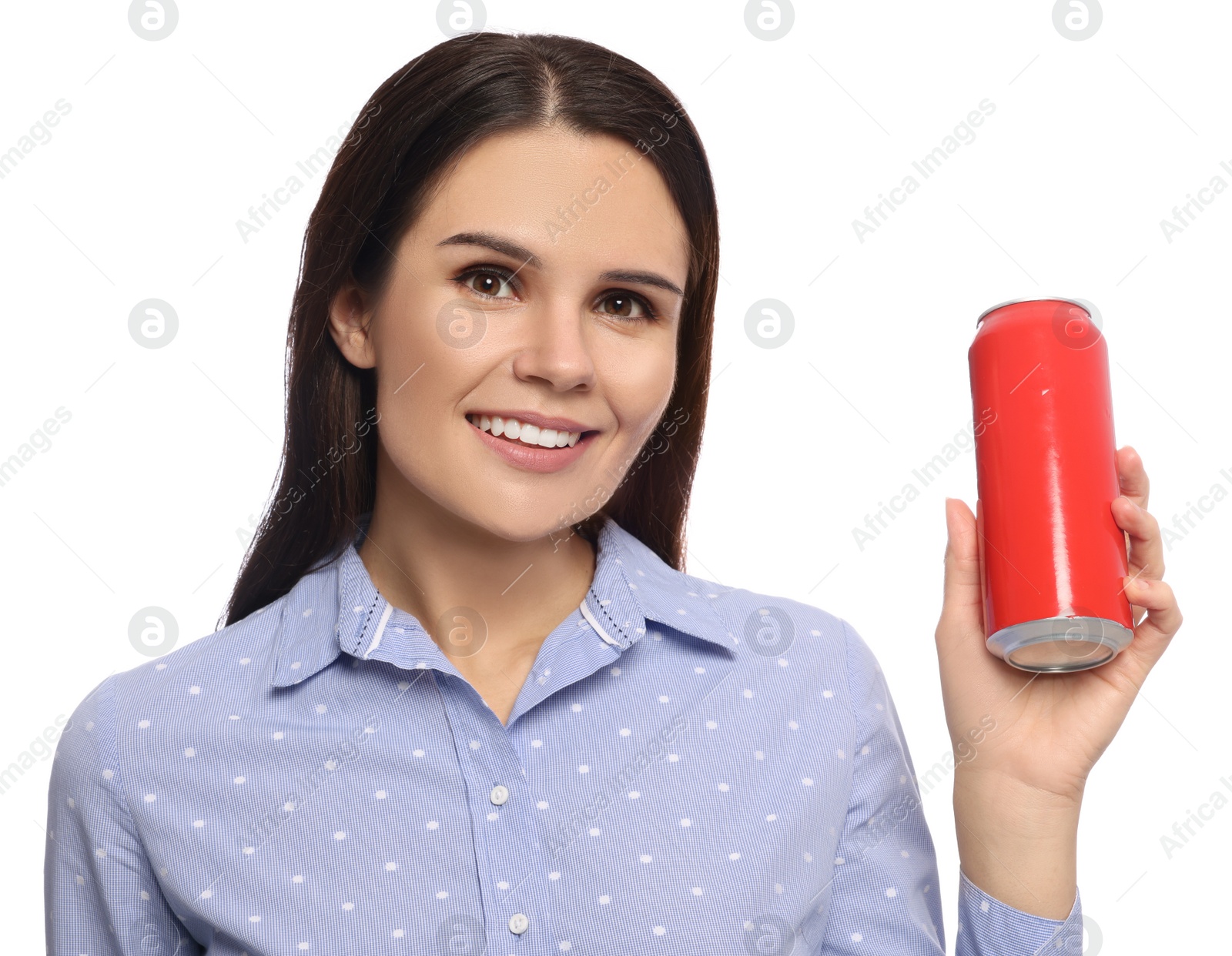 Photo of Beautiful young woman holding tin can with beverage on white background