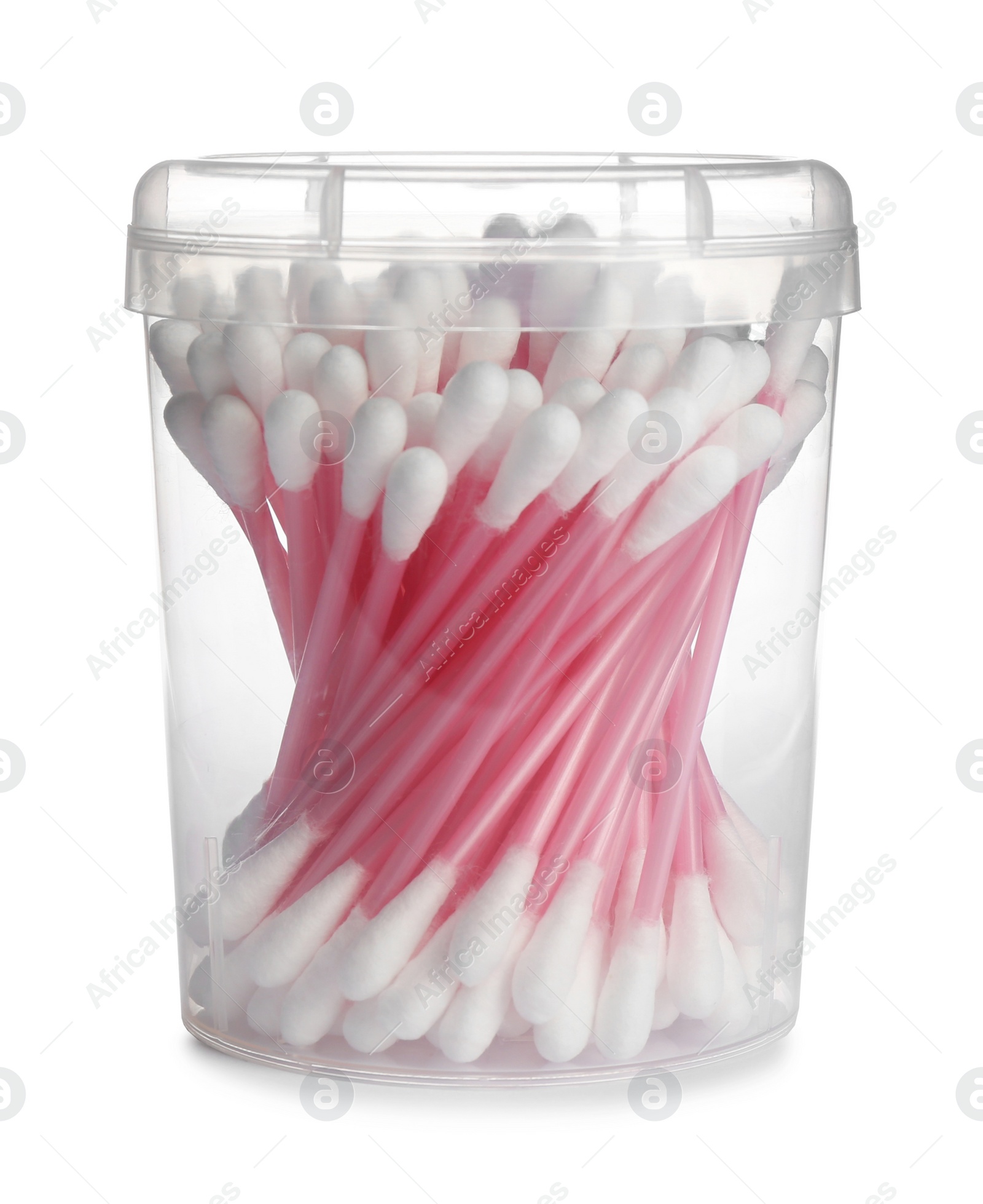 Photo of Plastic container with cotton swabs on white background