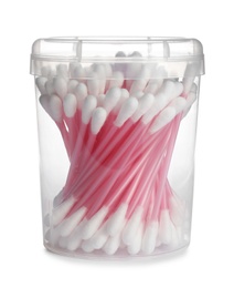 Photo of Plastic container with cotton swabs on white background