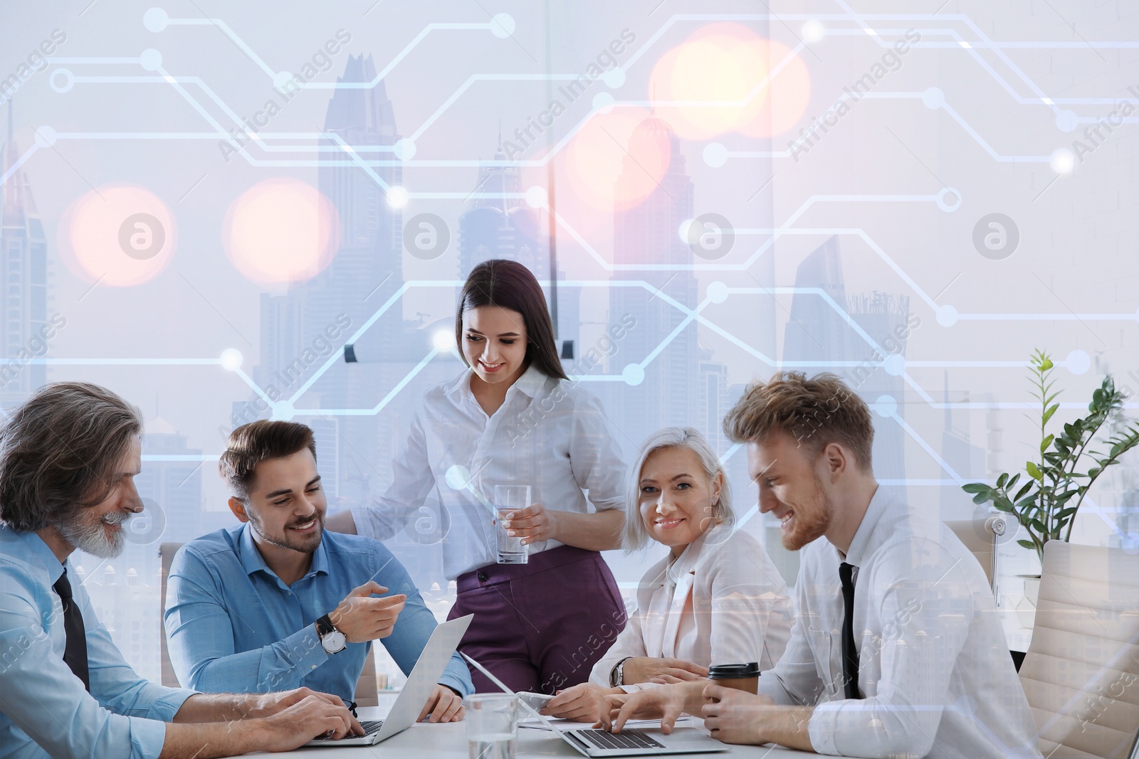 Image of Multiple exposure of people in office, circuit board pattern and cityscape. Business corporation 