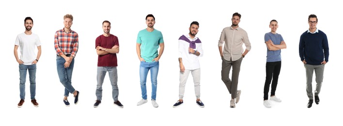 Collage with full length portraits of men on white background