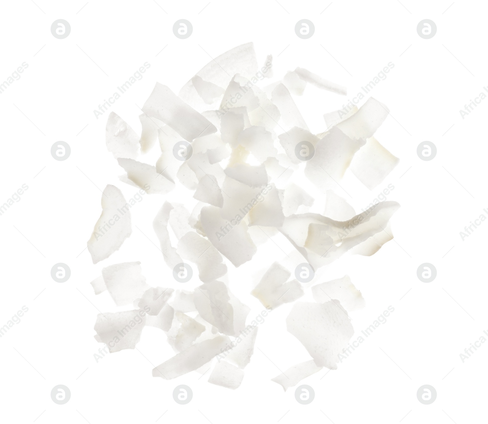 Photo of Fresh coconut flakes on white background, top view