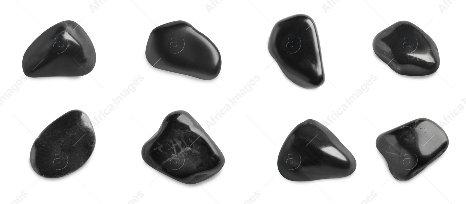 Image of Set with black spa stones on white background. Banner design