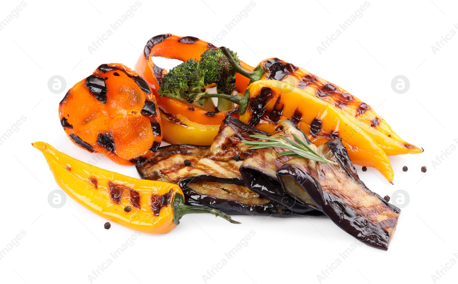 Photo of Different delicious grilled vegetables isolated on white