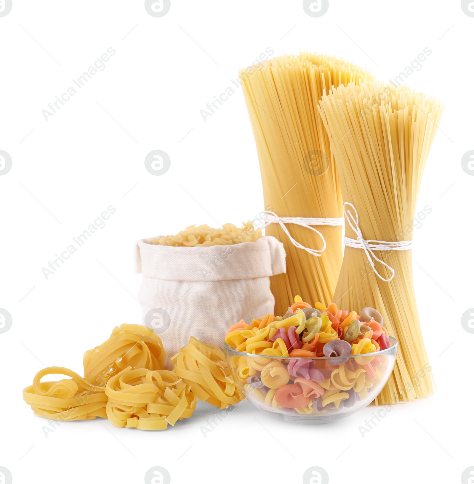 Photo of Different types of pasta isolated on white