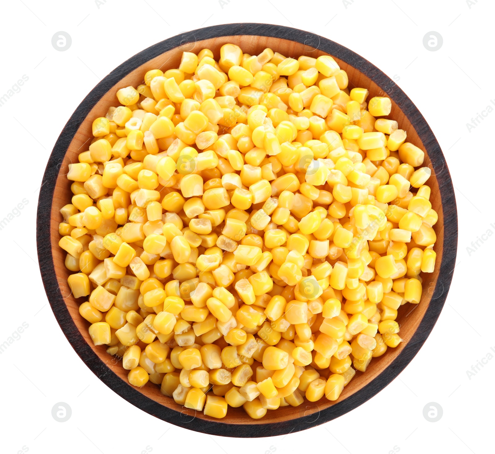 Photo of Delicious canned corn in bowl isolated on white, top view