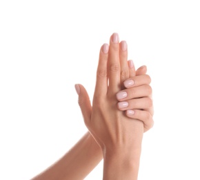 Photo of Woman with beautiful hands on white background, closeup. Spa treatment