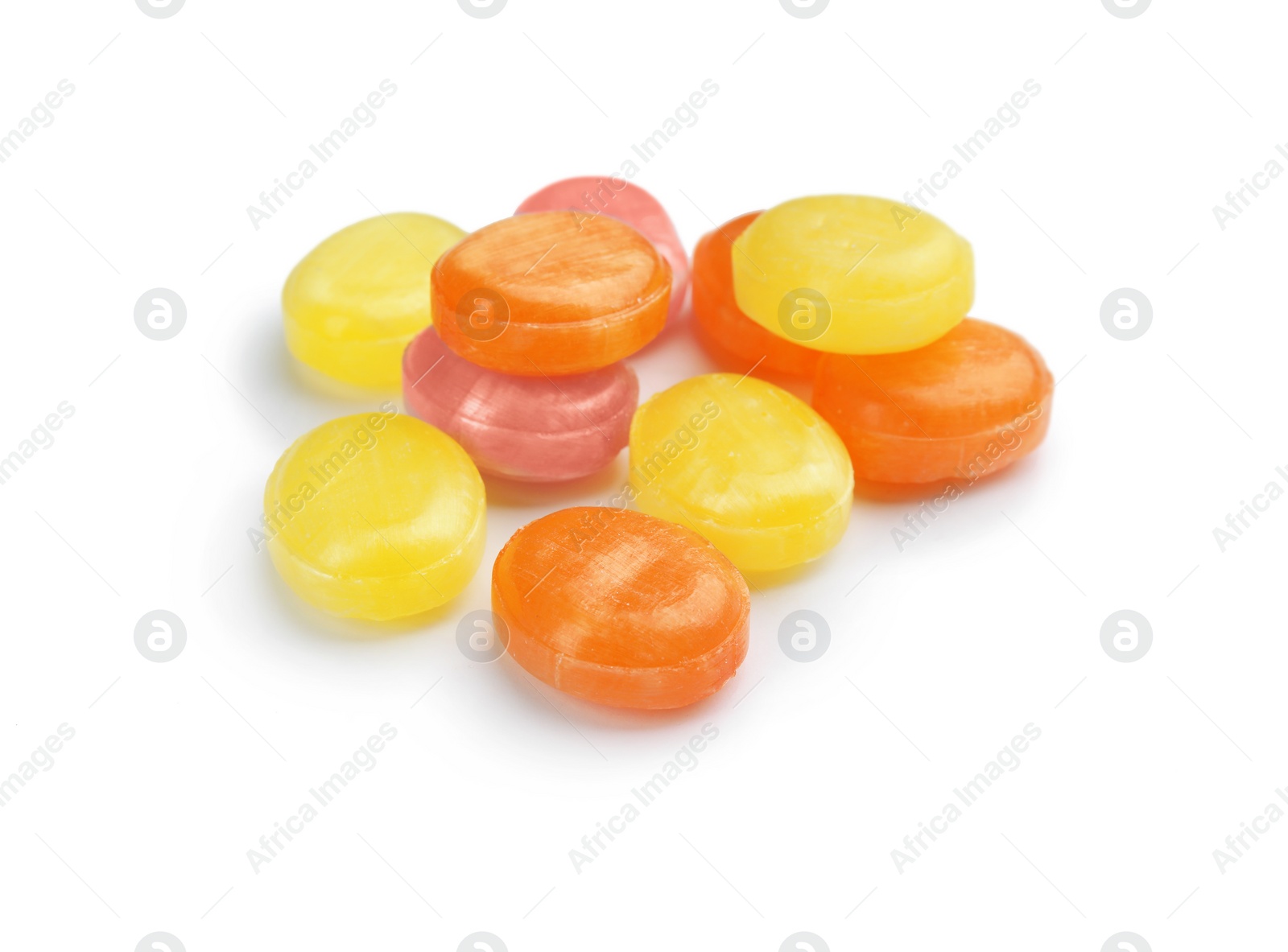 Photo of Pile of delicious colorful candies on white background