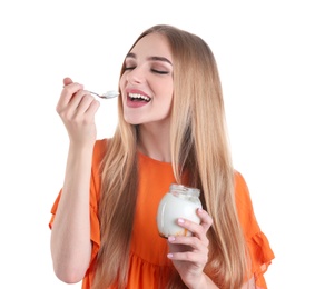 Young woman with yogurt on white background