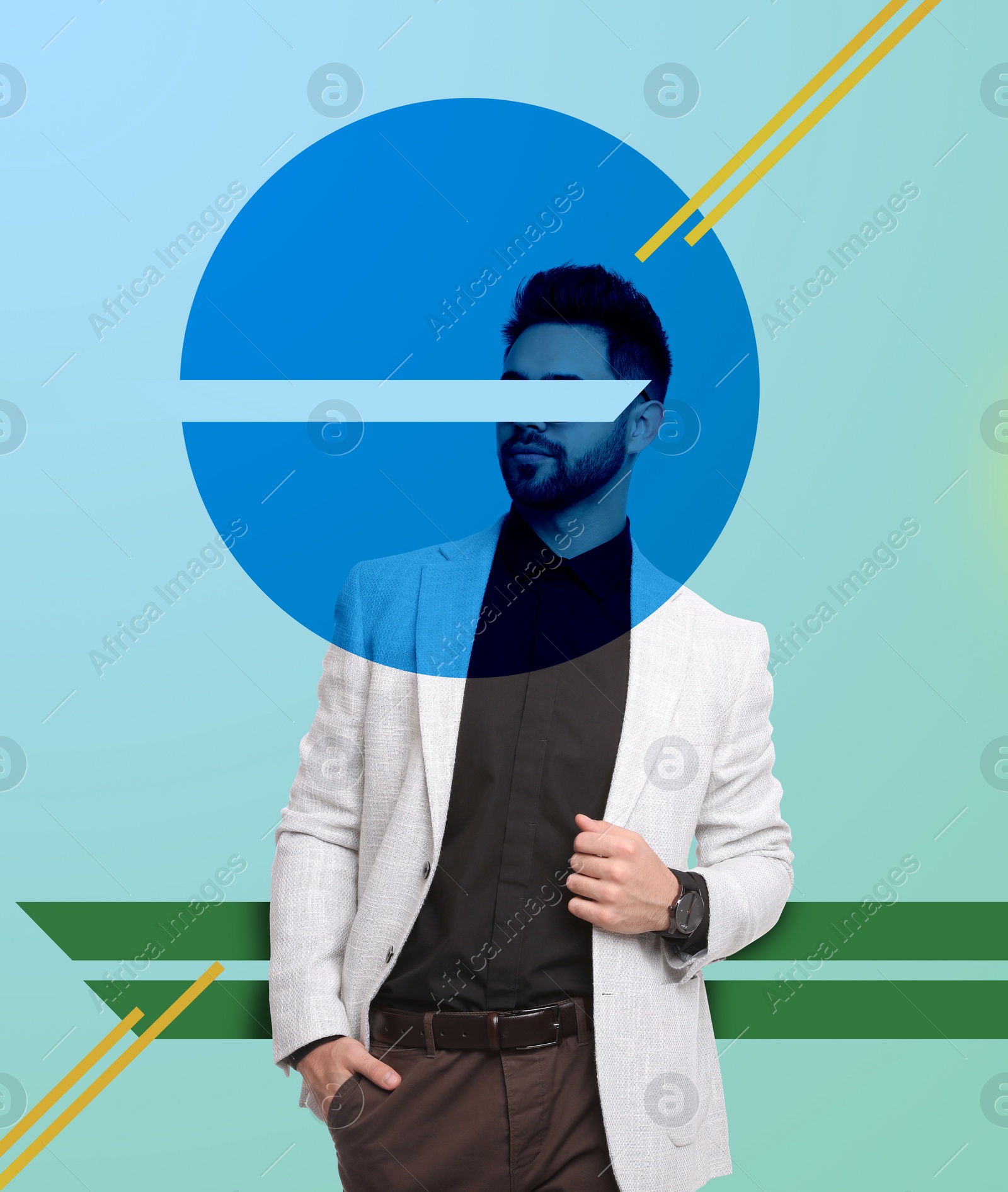 Image of Creative artwork. Man in stylish suit on light blue background