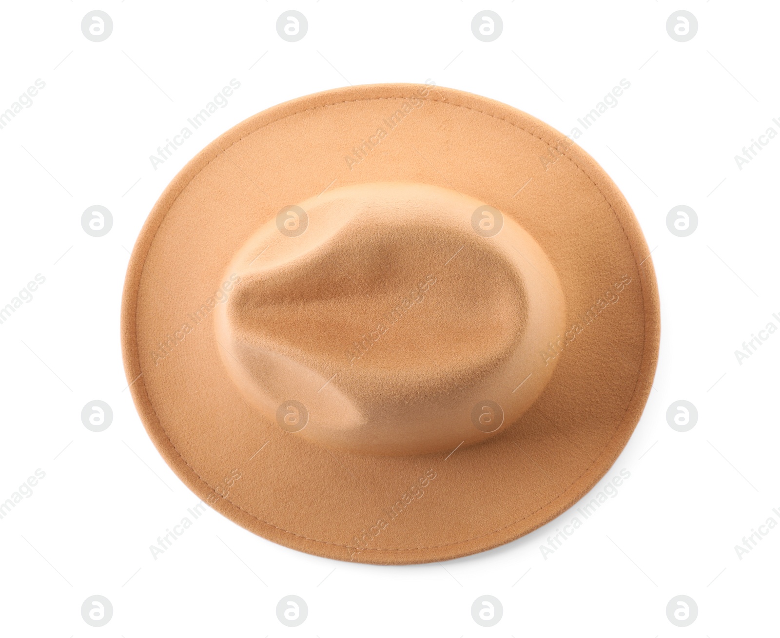 Photo of Stylish beige hat isolated on white, top view. Trendy headdress