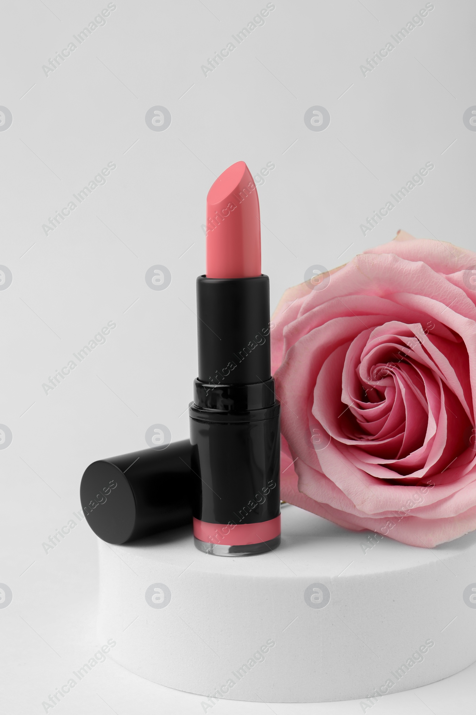 Photo of Beautiful pink lipstick and rose on white background