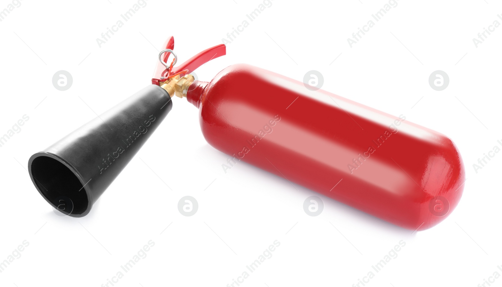 Photo of Fire extinguisher on white background. Safety equipment