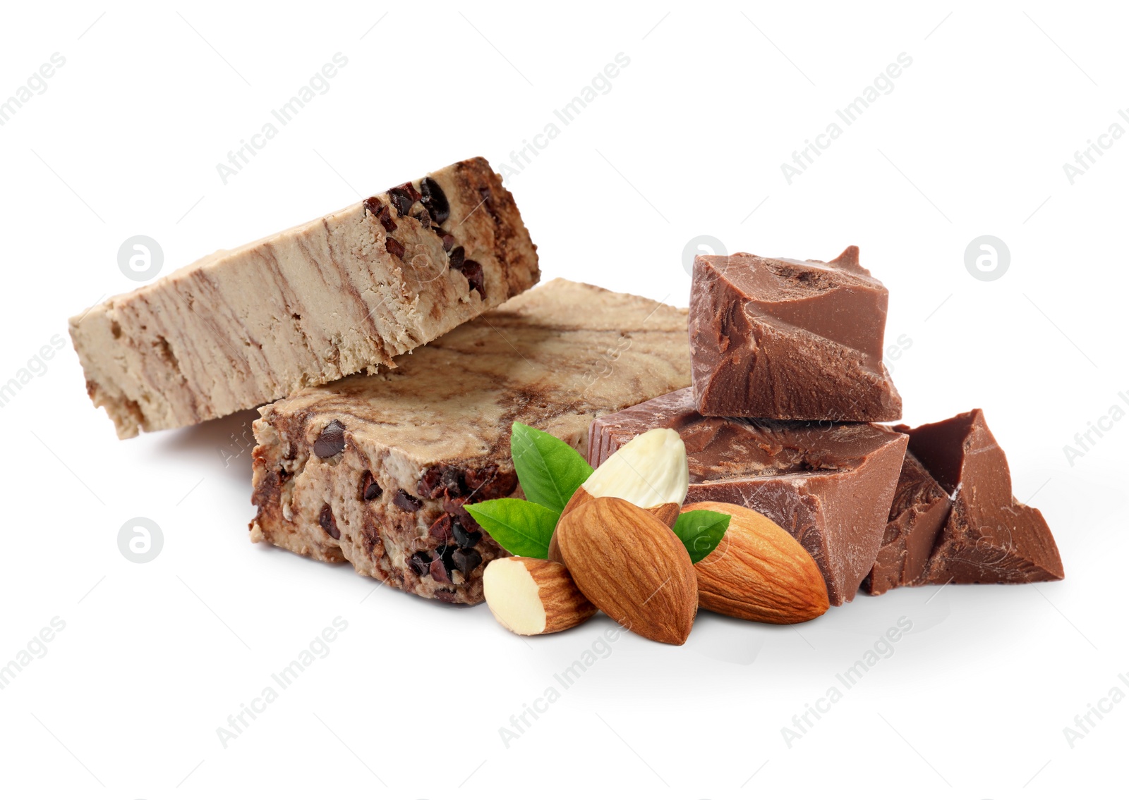 Image of Tasty halva, almonds, pieces of chocolate and green leaves isolated on white