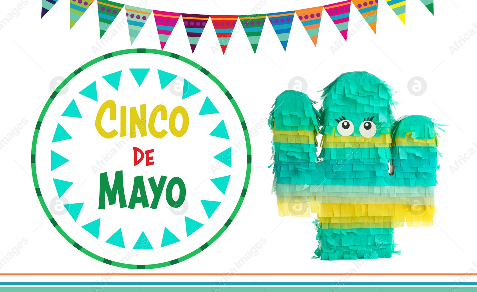 Image of Cinco de Mayo festive poster. Bright funny pinata on white background