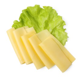 Slices of tasty fresh cheese and lettuce isolated on white, top view