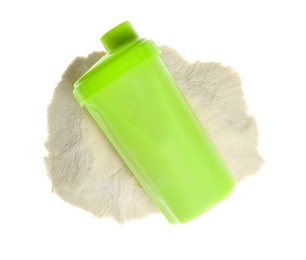 Photo of Protein shake in sport bottle and powder on white background, top view