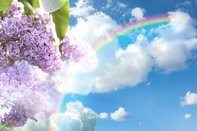 Image of Fantasy world. Beautiful rainbow in sky with fluffy clouds over lilac flowers