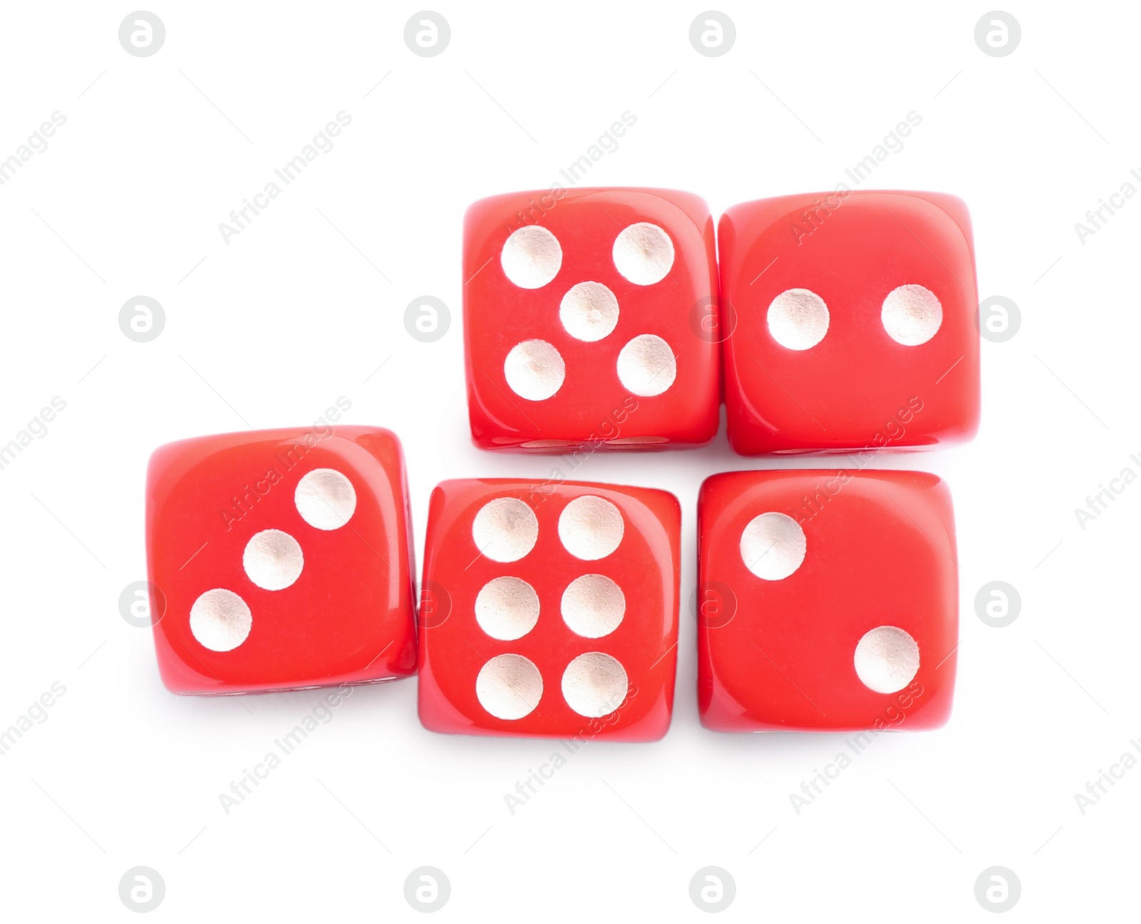 Photo of Many red game dices isolated on white, top view